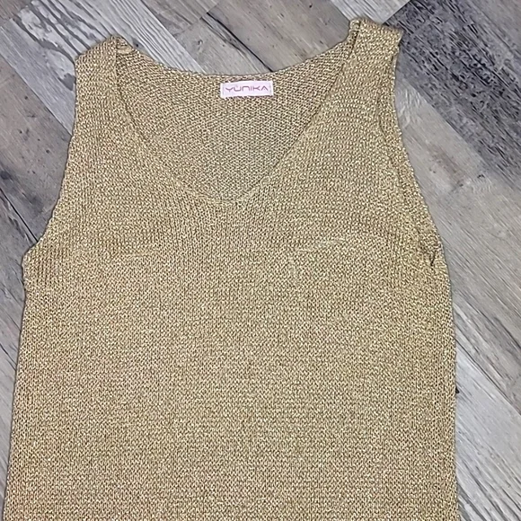 Yunika Gold Loose Knit Stretchy Dress Sleeveless - Picture 3 of 5